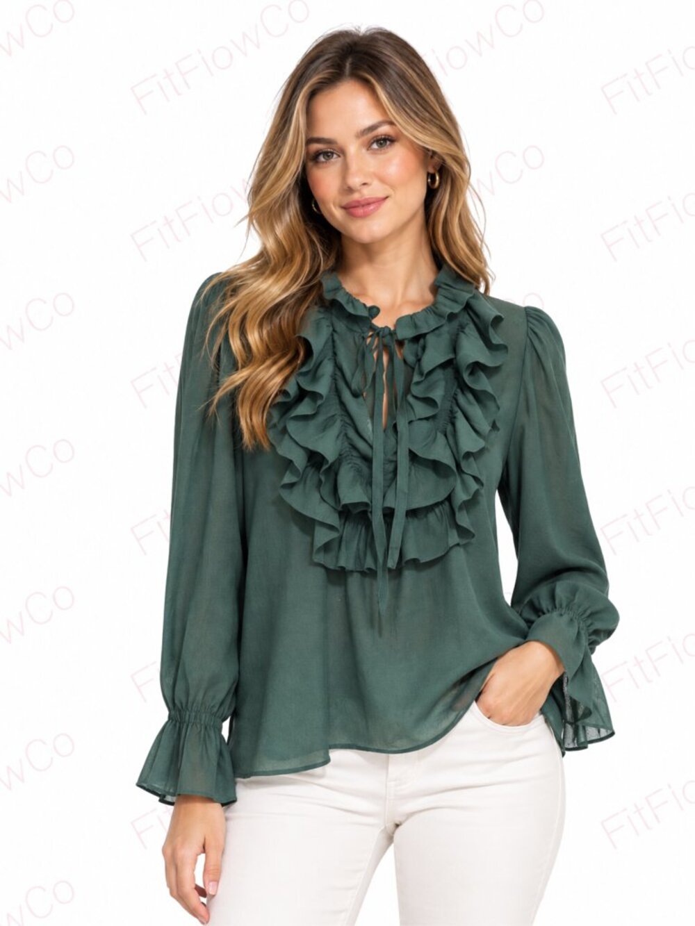 ZARA Forest Green Ruffle Tie Neck Blouse Women L Long Sleeve Romantic